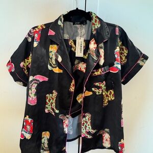 Nasty Gal Silk Pajama Set Colorful Cowboy Boot Western Print